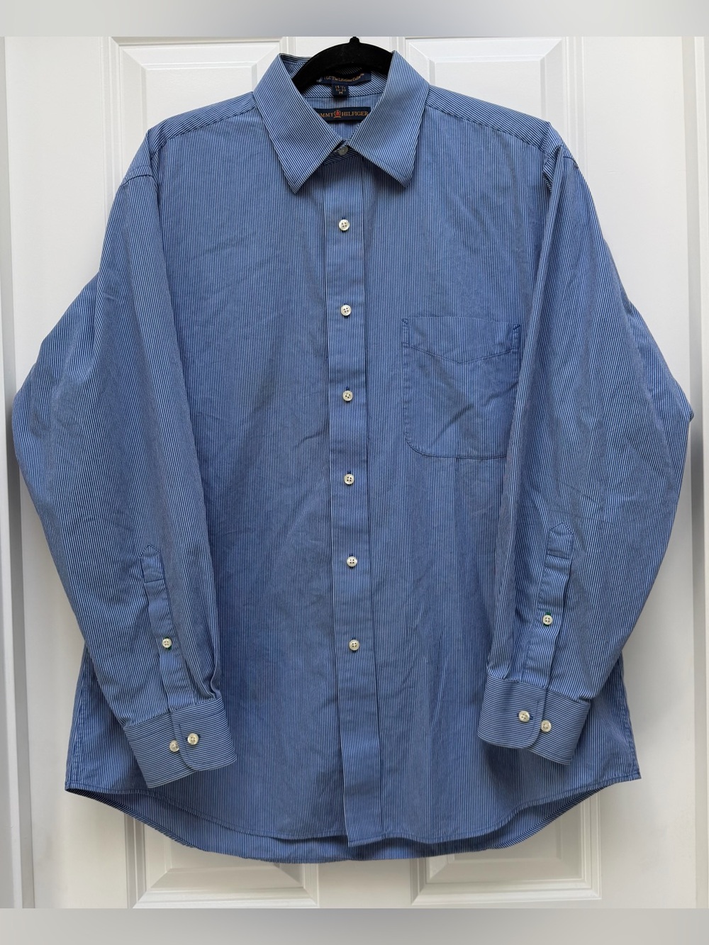 TOMMY HILFIGER VINTAGE TLC BUTTON DOWN DRESS SHIRT PINSTRIPE BLUE WHITE MEDIUM